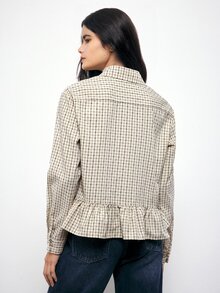 Maija Women's Placket Design Long Sleeve Ruffle Hem Plaid Shirt - Apricot - View 4