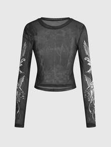 ROMWE Grunge Punk Atasan Lengan Panjang Jala Transparan dengan Motif Malaikat Plaster Abad Pertengahan dan Slogan - Hitam - View 2