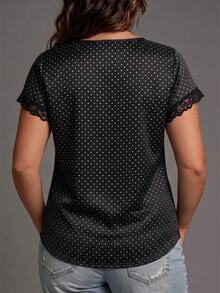 SHEIN Plus Size Women's Lace Patchwork Polka Dot Casual Daily T-Shirt - Multicolor - View 2