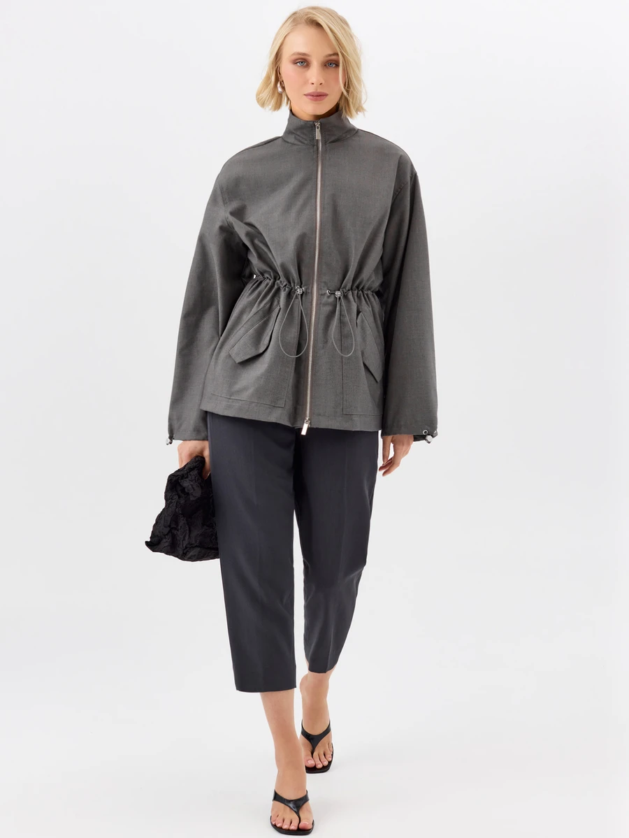 KÆRIA Hus Drawcord Waist Utility Jacket - Compact Woven - Charcoal Grey - Elegant, Casual, Luxury, Workwear - Grey - View 1
