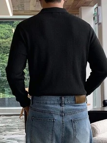 DAZY 春秋款黑色長袖 Polo 領半開襟純色通勤韓風男士針織上衣 - 黑色 - 查看 2