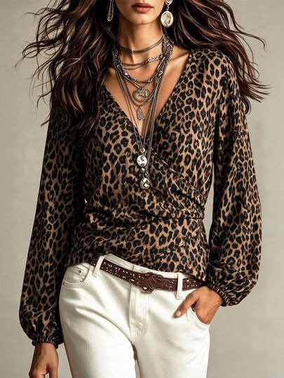 Trelyra Blusa de mujer con estampado de leopardo, cuello en V y cintura cruzada, manga larga tipo farol, camisa corta vintage que estiliza, estilo minimalista y sexy, top vintage Y2K con estampado de leopardo