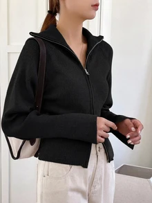 DAZY 純色拉鍊翻領商務休閒女款開襟衫 - 黑色 - 查看 5