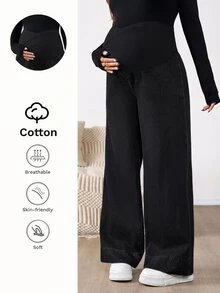 SHEIN Maternity Asymmetric Waist Wide Leg Loose Casual Denim Jeans Fall Clothes - Black - View 1
