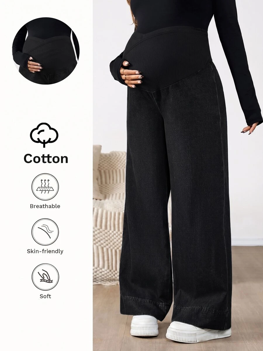 SHEIN Maternity Asymmetric Waist Wide Leg Loose Casual Denim Jeans Fall Clothes - Black - View 1