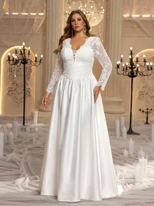 Aureia Plus Size Elegant Romantic V-Neck Lace Sheer Long Sleeve Pleated Fitted A-Line Wedding Dress Suitable For Evening Party Date Wedding Event - White - View 6