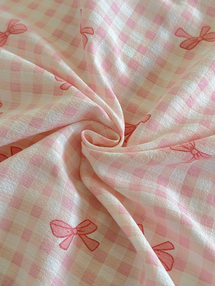 Snug Reverie Pink & White Plaid Bow Print Lapel Short Sleeve Cardigan 3 Pieces Pajama Set For Women - Pink - View 7
