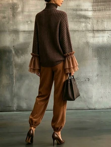 SHEIN Set 2 Potong Maillard: Atasan Rajut Leher Tinggi dengan Patchwork dan Ruffle Satin Cuff + Celana Jogger Corduroy Warna Caramel - Coklat - View 2