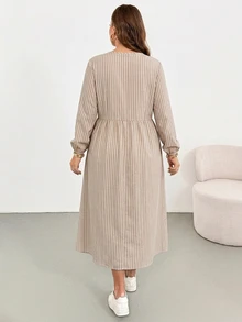 Shapeblank Women's Striped Textured Fabric Plus Size Round Neck Long Sleeve Apricot Dress, Suitable For Autumn, Party, Vacation, Date, Back To School - Khaki - View 2