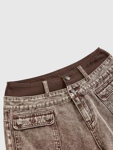 ROMWE Street Life Celana Jeans Denim Amerika Serbaguna Gaya Jalanan Vintage Wanita dengan Pinggang Kontras dan Banyak Kantong - Khaki - View 3