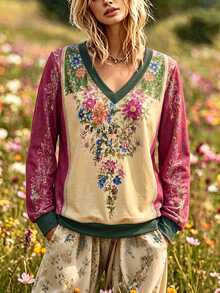 Balvessa Allover Floral Printed Contrast V-Neck Top, Retro Spliced Loose Casual Pullover Sweatshirt - Multicolor - View 4