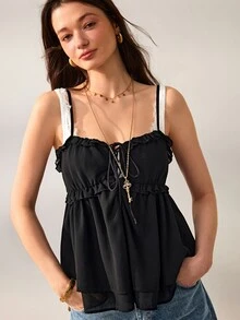Willow Rêve Women's Black Loose Tie Front Cami Top, Ruffle Trim & Layered Design, Solid Color, Summer Romantic Bohemian Style, Suitable For Vacation, Party & Travel - Black - View 3