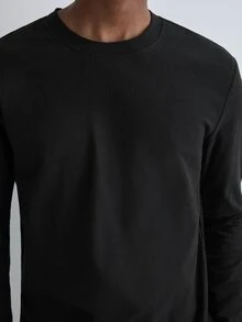 Merionis Men's Solid Color Crew Neck Long Sleeve Casual Versatile T-Shirt - Black - View 4