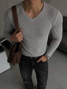 DAZY V-Neck Elastic Ribbed Ribbed Long Sleeve Slim Fit Basic T-Shirt For Men - Grey - View 7