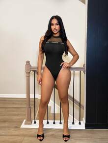 BamGleam Street Style Fishnet Sheer Bodysuit FASHION Letter Webbing Round Neck Bodysuit - Black - View 6