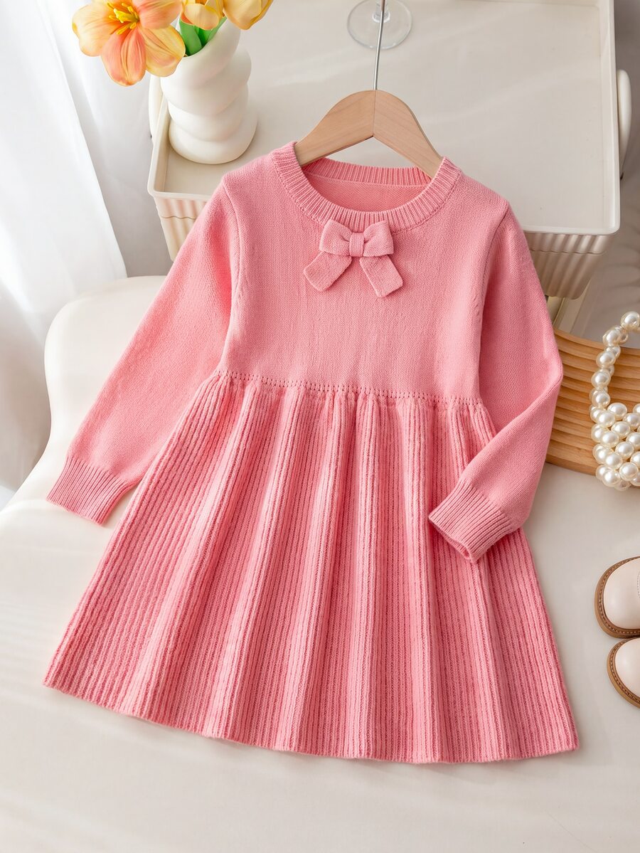 SHEIN Vintaside Kids 女童針織毛衣洋裝,幼兒秋冬新款,可愛活潑,展現充滿活力偶像風個性,面料柔軟舒適,適合秋冬穿著,耐穿耐穿,適用於居家、旅行、玩耍、商務及各種節日派對等場合 - 粉色 - 查看 1