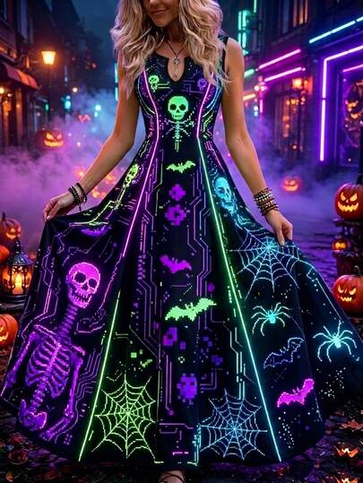 Breezaya Plus Size Women'S Halloween Neon Skulls Bats Spider Webs Print Long Dress, Suitable For Spooky Season Holiday Parties,Themed Nighttime Events