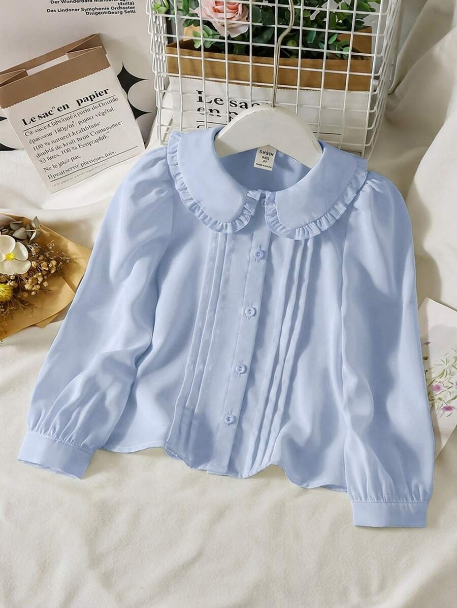 SHEIN LMoss Kids 少女可愛百搭休閒都市校園風長袖彼得潘領襯衫 - 淺藍色 - 查看 1