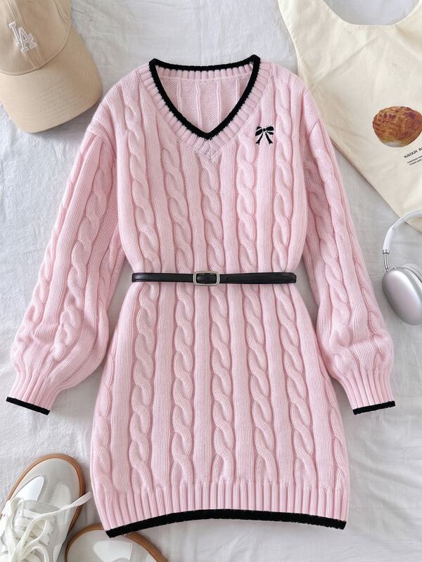 SHEIN Tween Girls Pink Sweater Dress, Classic Cable Knit V-Neck Loose Long Sleeve, Fashionable Color Block Regular Thickness Hem, Neat Cuffs, Minimalist Versatile Casual Style, Elegant And Stylish, Comfortable To Wear, Knitted Dress, Suitable For Daily Wear, Shopping, Gatherings, Outings And More Occasions, Autumn/Winter Outfit