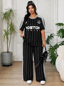 SHEIN EZwear 大尺碼女款字母騎士圖案短袖上衣與長褲休閒日常套裝 - 黑色 - 查看 3