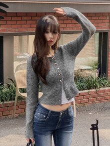 DAZY Women's Fitted Short Knit Cardigan With Long Sleeves, Round Neck, Casual Sexy Vacation Style, Spring/Autumn - Grey - View 4
