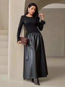 Veilorie Women's Solid Color Round Neck Long Sleeve Elegant Dress - Black - View 6