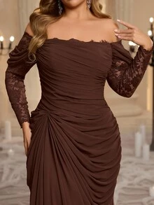 Glamrae Plus Size Elegant Glamorous Coffee Brown Cold Shoulder Lace Patchwork Heavy Embellishment Draped Evening Gown - Coffee Brown - View 5