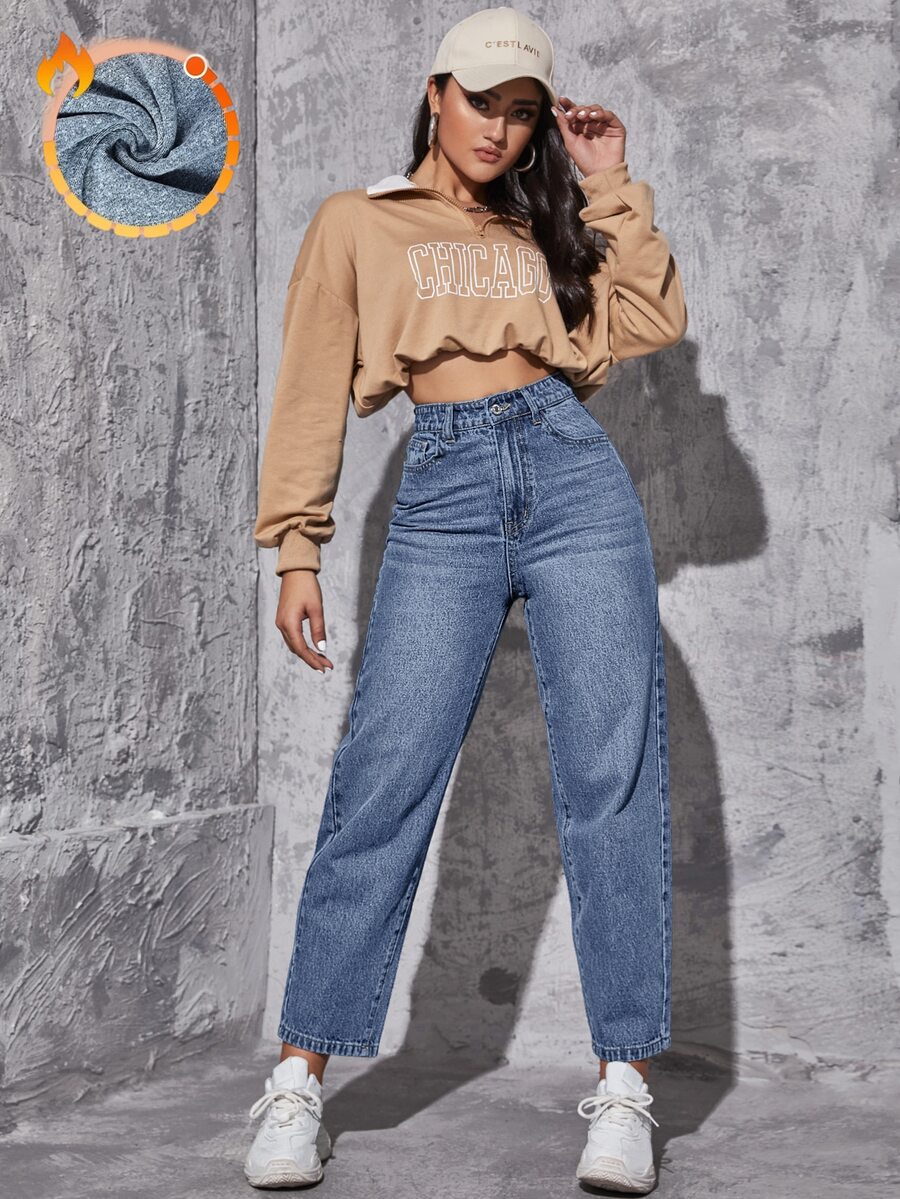 SHEIN EZwear 女款高腰口袋休閒百搭牛仔褲 - 淺色水洗藍 - 查看 1