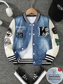 SHEIN Young Boy American Retro Striped Trim Denim Effect Jacket, Kids Streetwear Varsity Bomber Jacket With Pockets, Fall, Autumn And Winter - Blue - View 1