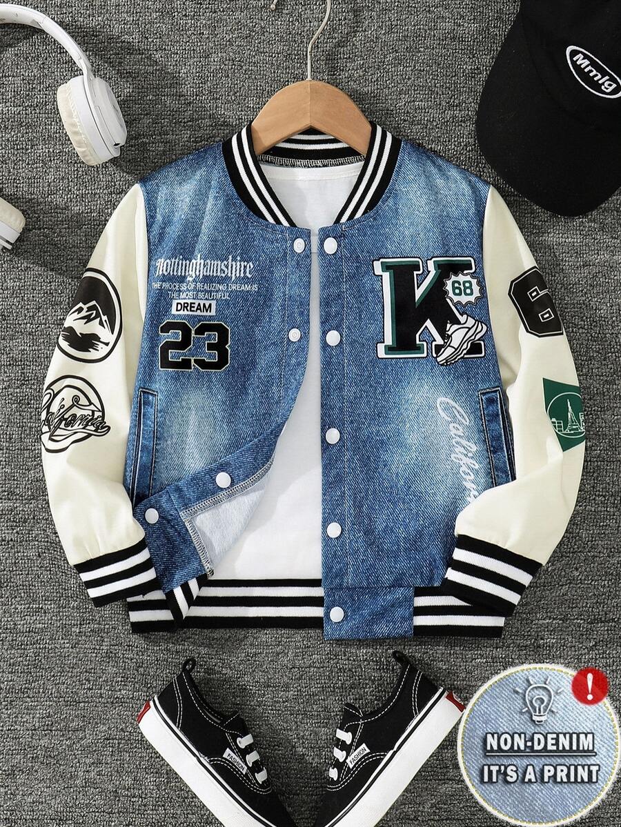 SHEIN Young Boy American Retro Striped Trim Denim Effect Jacket, Kids Streetwear Varsity Bomber Jacket With Pockets, Fall, Autumn And Winter - Blue - View 1