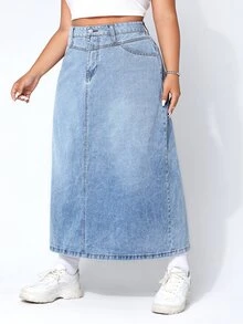 SHEIN CURVE+ 大尺碼休閒水洗牛仔裙 - 藍色 - 查看 5
