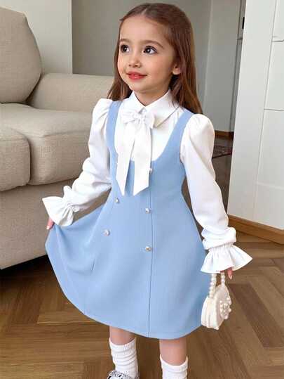 Young Girl Casual Minimalist Comfortable Turn-Down Collar Petal Sleeve Colorblock Patchwork Dress