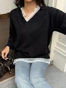 Autumina كنزة صوفية نسائية سوداء ناعمة بياقة على شكل حرف V مزينة بحافة دانتيل عتيقة - الأسود - مشاهدة 4