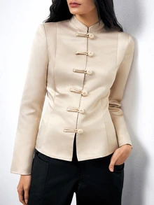 Maija Jaket Wanita Satin Lengan Panjang Warna Champagne, Potongan Pinggang Pas, Elegan untuk Acara Brunch - Unta - View 5