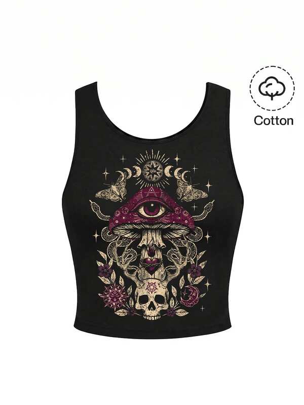 ROMWE Gothic Mysterious Green Dark Horror Moth Butterfly Moon Sun Stars Skull Mushroom Leaf Plant Women's Tank Top