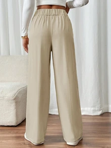SHEIN Frenchy 女款雙鈕扣直筒優雅通勤長褲 - 卡其色 - 查看 2