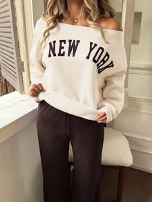 SHEIN 青少年女孩露肩字母印花運動衫、喇叭長褲套裝，秋季穿搭，自由，冬季 - 彩色 - 查看 7