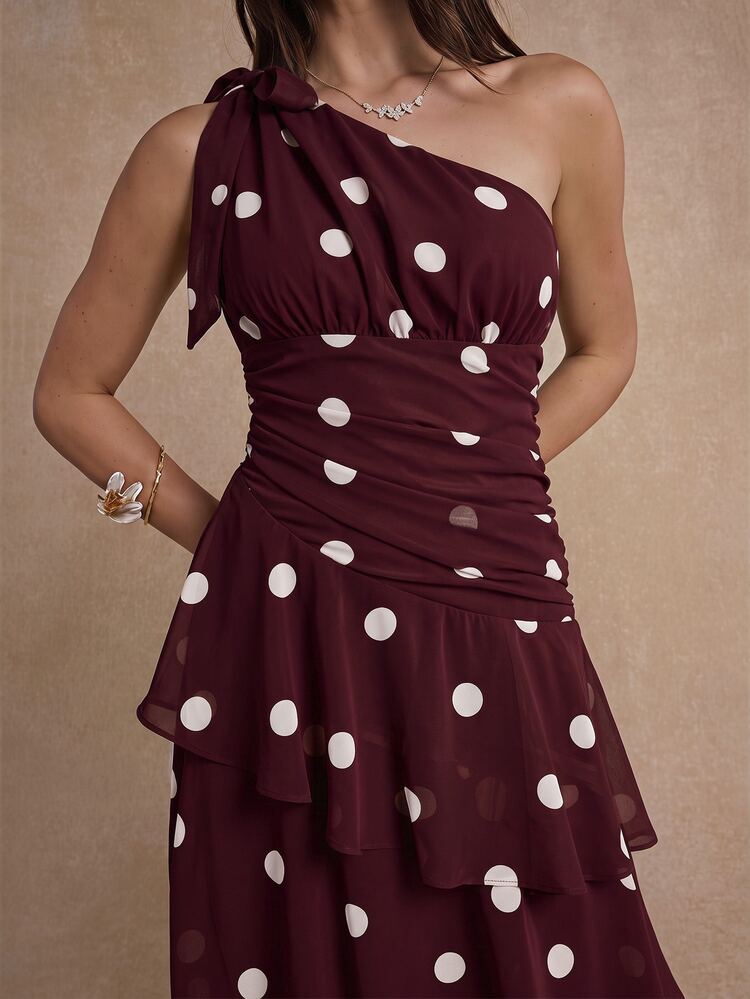 Enchnt Women's Polka Dot Print One Shoulder Sleeveless Ruffle Hem Elegant Dress - Burgundy - View 2