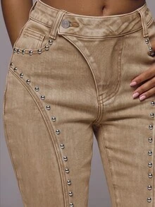 MUSERA Mid-Waist Denim Overlap Button Flared Leg Stud Detail Jeans Sexy Boho Cute Holiday Ibiza Spring Summer Feminine Outing - Beige - View 5