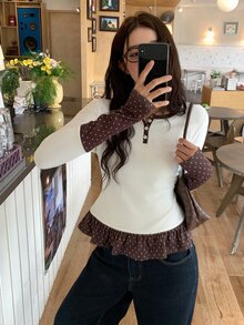 DAZY Women's Round Neck Colorblock Polka Dot Long Sleeve T-Shirt Fall - White - View 4