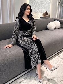 Modelyn Gold & Silver Metallic Zebra Print Patchwork Velvet Fitted Bodycon Long Sleeve Elegant Plus Size Women's Dress, Suitable For Date & Party Occasions - Multicolor - View 1