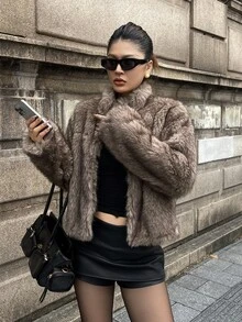 DAZY 女款立領長袖寬鬆時尚人造毛皮大衣 - 咖啡棕 - 查看 7