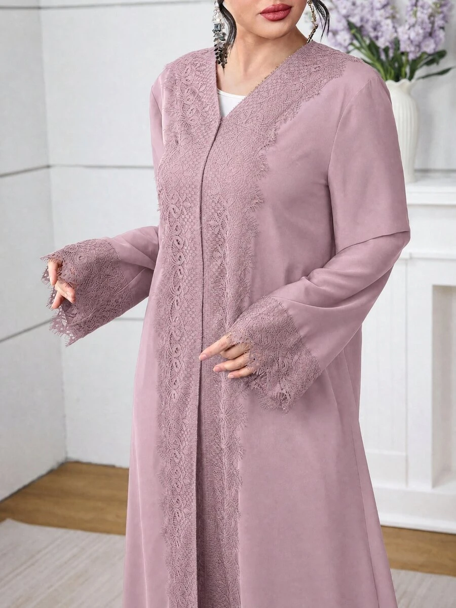 Al Najma 女款長版寬鬆休閒日常蕾絲飾邊黑色晨袍 - 粉色 - 查看 1
