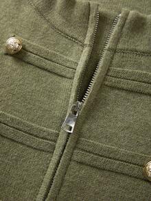 SHEIN Jaket Rajut Kerah Tegak Musim Gugur/Musim Dingin, Kardigan Pendek Pas Badan dengan Kancing Emas Dekoratif dan Resleting - Hijau Tentara - View 7