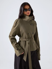 LYSMO Jaket Wanita Gaya Jalanan Berkerah Tinggi dengan Kancing Lengan Panjang - Dark Green - View 1