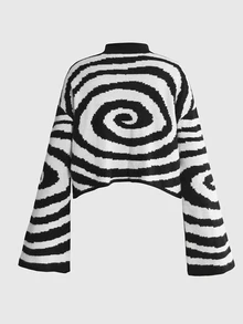ROMWE Goth Women's Casual Circle Collar Cropped Sweater, Autumn/Winter - Black and White - View 2
