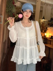 DAZY 女款白色方領蕾絲飾邊寬鬆花瓣袖優雅顯瘦休閒襯衫上衣 - 白色 - 查看 3
