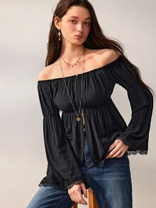 Willow Rêve Women's Black Loose Cold Shoulder Bell Sleeve Top, Lace Cuffs With Elastic Ruffles, Solid Color Western Romantic Bohemian Style, Suitable For Summer Vacation Party Travel - Black - View 8