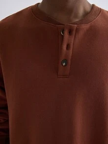 Merionis Men's Solid Color Long Sleeve Button Half-Placket Casual Sweatshirt - Mocha Brown - View 7