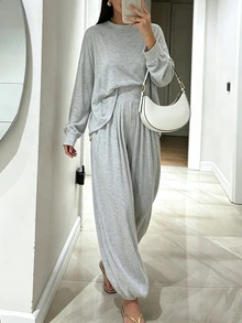 INAWLY Setelan Kasual Wanita 2 Potong: Kaos Lengan Panjang Leher Bulat Bahu Longgar Warna Polos dan Celana Panjang - Grey - View 4